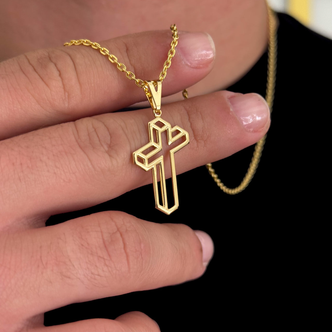 Colar Crucifixo 3D - Corrente Cadeado Banhado A Ouro 18