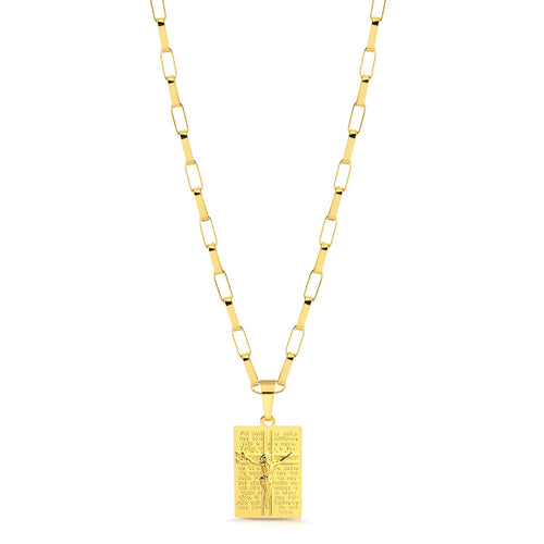 Colar Plaquinha Jesus Crucificado - Corrente Elo Alongado Banhado A Ouro 18k