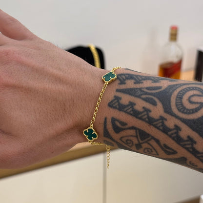 Pulseira Elo Português 2mm Trevo Esmeralda Banhado A Ouro 18k