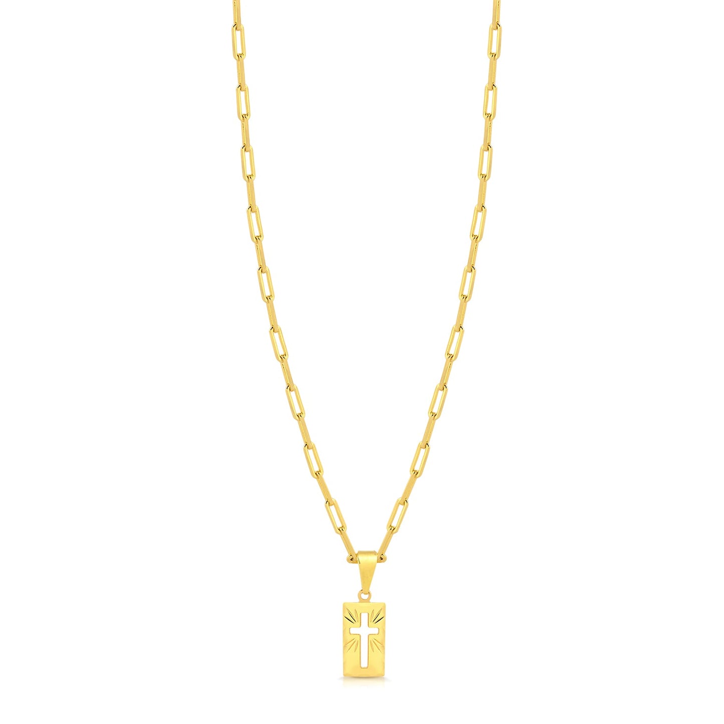 Colar Plaquinha Crucifixo Vazado - Corrente Cadeado Alongado Banhado A Ouro 18k