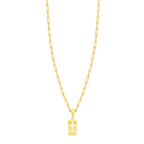 Colar Plaquinha Crucifixo Vazado - Corrente Cadeado Alongado Banhado A Ouro 18k