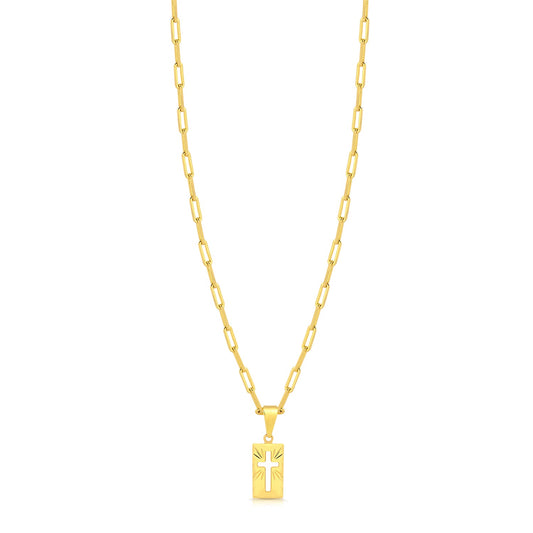 Colar Plaquinha Crucifixo Vazado - Corrente Cadeado Alongado Banhado A Ouro 18k