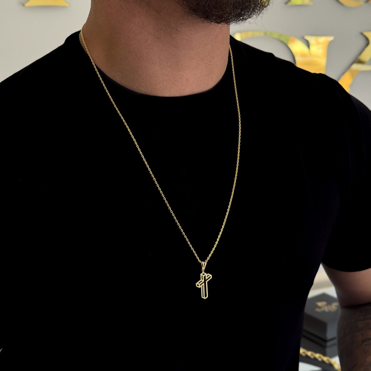 Colar Crucifixo 3D - Corrente Cadeado Banhado A Ouro 18