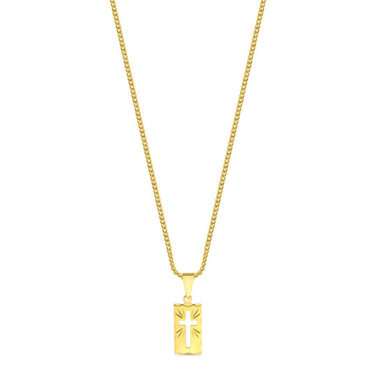Colar Plaquinha Crucifixo Vazado - Corrente Grumet Banhado A Ouro 18k