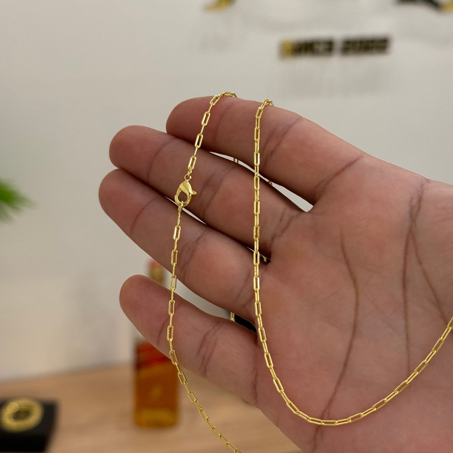Corrente Cadeado Alongado 1,5mm 3gr Fecho Lagosta Banhado A Ouro 18k