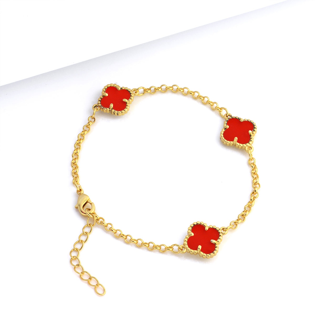 Pulseira Elo Português 2mm Trevo Rubi Banhado A Ouro 18k