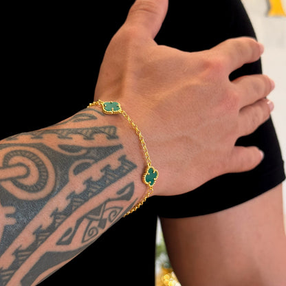 Pulseira Elo Português 2mm Trevo Esmeralda Banhado A Ouro 18k