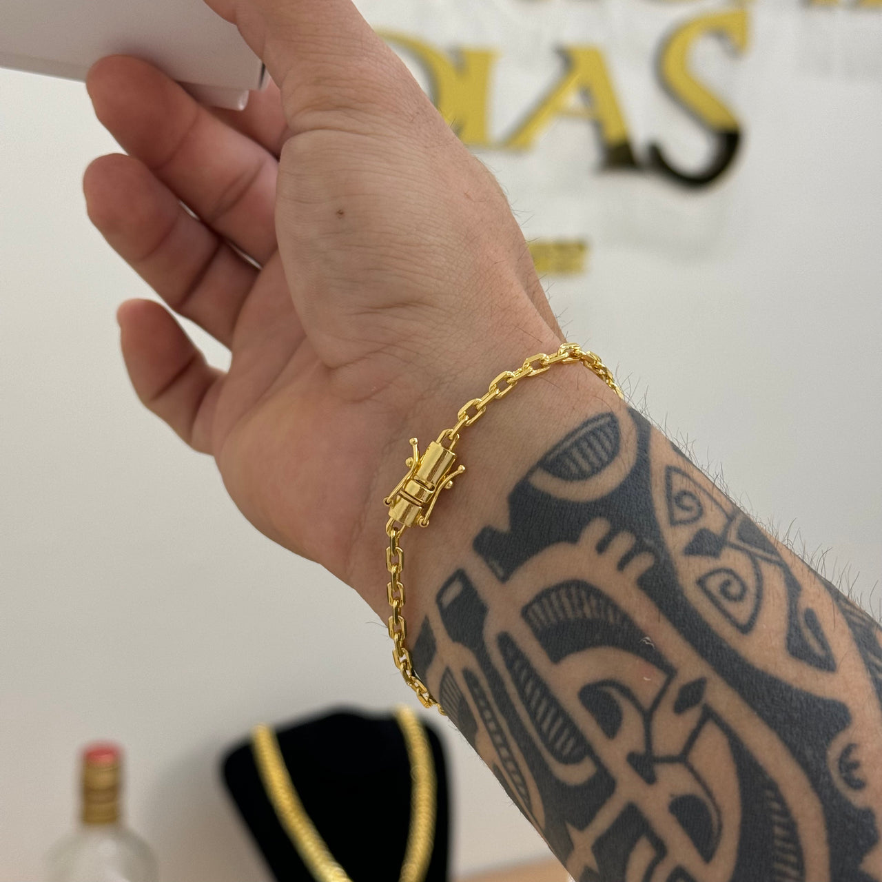 Pulseira Cadeado 3,5mm 7gr Fecho Duplo Banhado A Ouro 18k