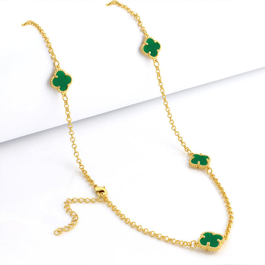 Corrente Elo Português 2mm Trevo Esmeralda Banhado A Ouro 18k