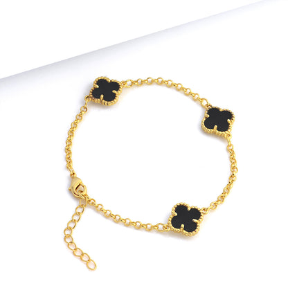 Pulseira Elo Português 2mm Trevo Ônix Banhado A Ouro 18k