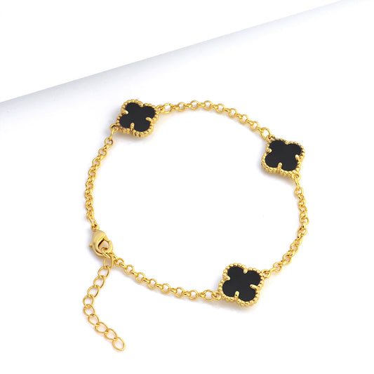 Pulseira Elo Português 2mm Trevo Ônix Banhado A Ouro 18k