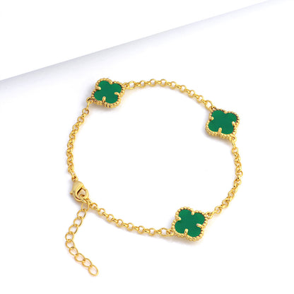 Pulseira Elo Português 2mm Trevo Esmeralda Banhado A Ouro 18k