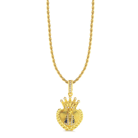 Colar Coração N. Sra. Aparecida Cravejado P - Corrente Baiana Banhado A Ouro 18k