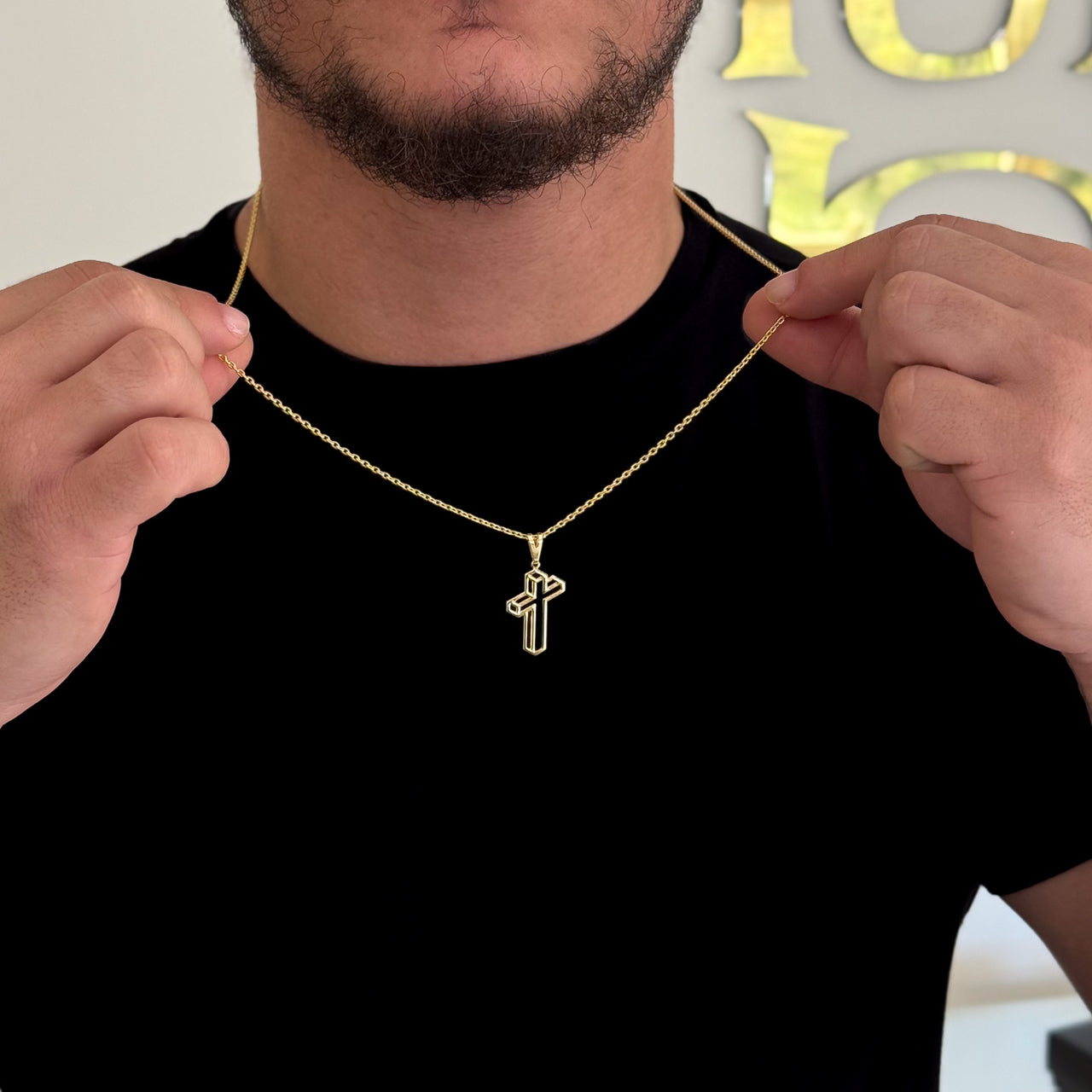 Colar Crucifixo 3D - Corrente Cadeado Banhado A Ouro 18