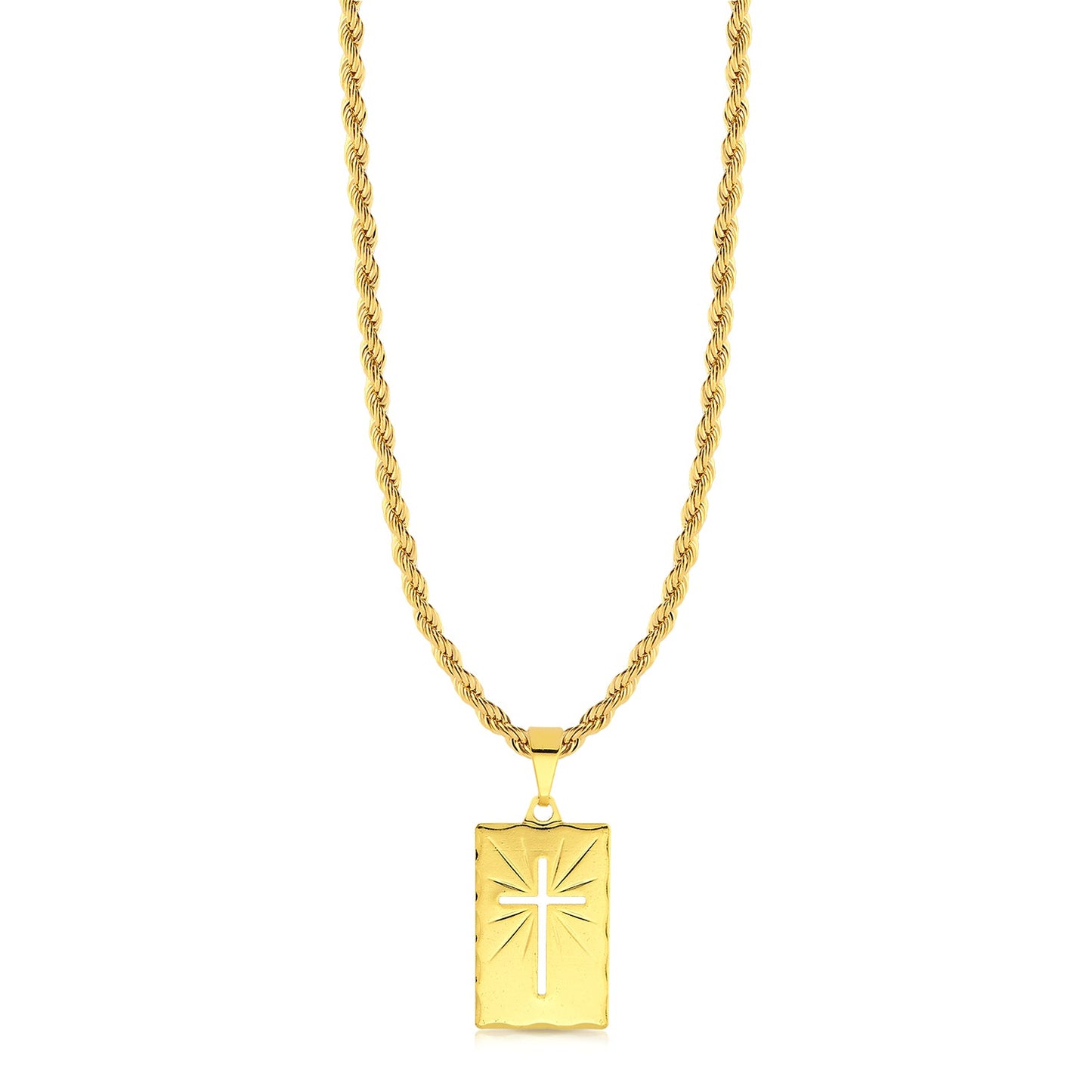 Colar Plaquinha Crucifixo Vazado - Corrente Baiana Banhado A Ouro 18k
