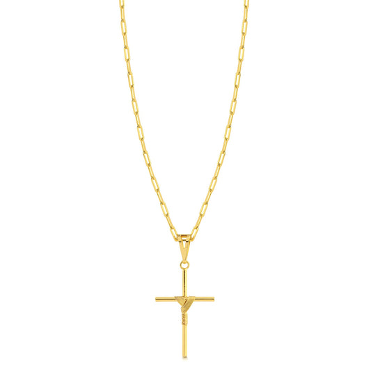 Colar Crucifixo Palito M - Corrente Cadeado Alongado Banhado A Ouro 18k