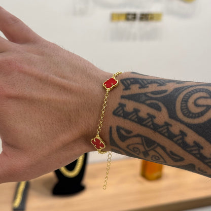 Pulseira Elo Português 2mm Trevo Rubi Banhado A Ouro 18k